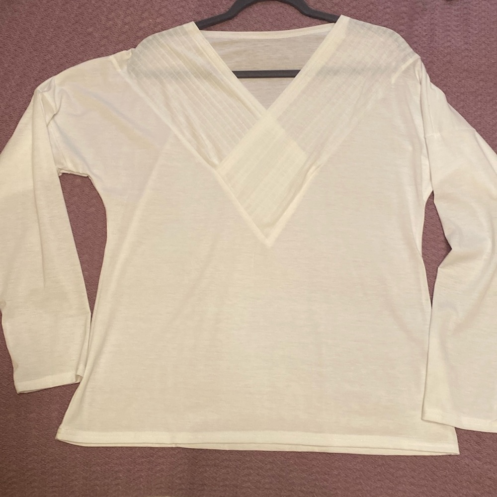 White v-neck shirt, cotton/poly. Never worn